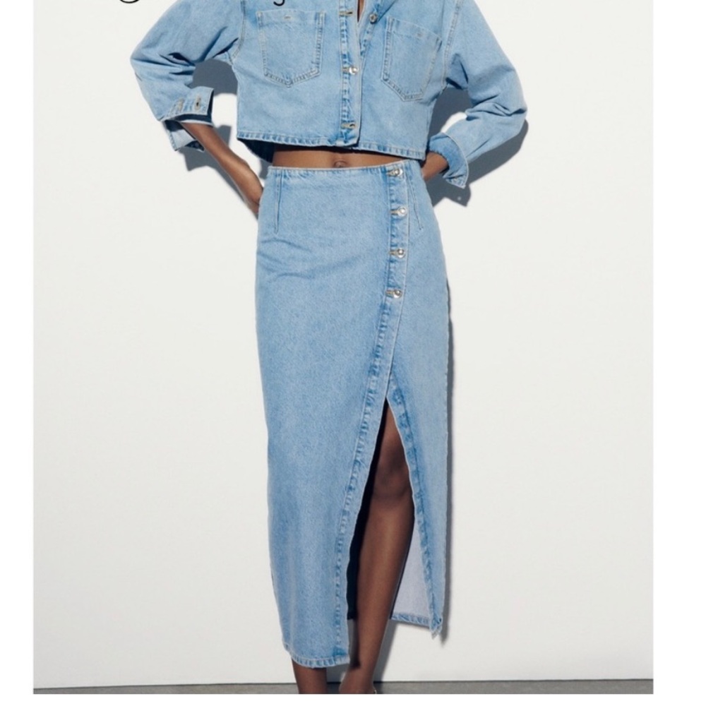 Zara Crossover Denim Midi Skirt